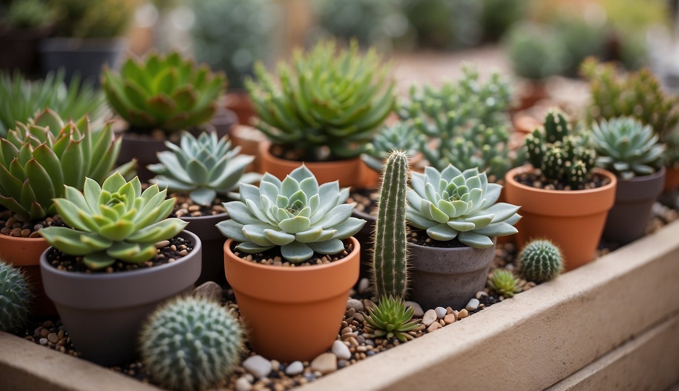 A small garden with succulents, cacti, and ornamental grasses in various pots. The plants are arranged in a neat and organized manner, with minimal maintenance required