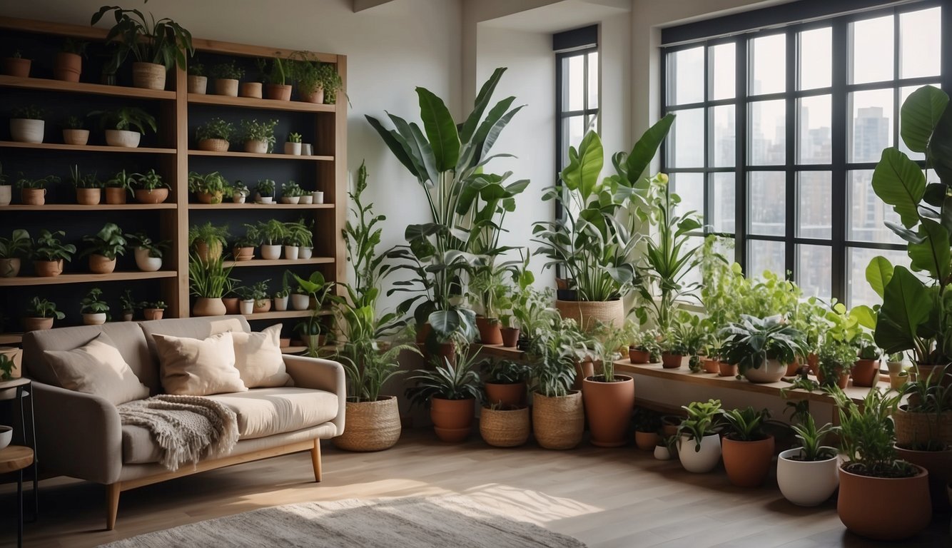 A cozy living room with a variety of indoor low maintenance plants in stylish pots placed on shelves and tables, with soft natural light filtering in through the windows