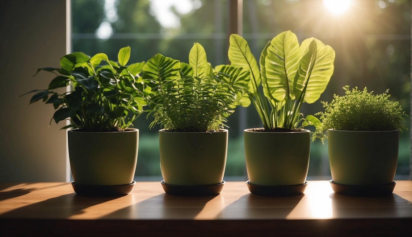 Lush green plants sit in a row of modern, minimalist pots. Sunlight streams through a nearby window, casting a warm glow on the low-maintenance foliage