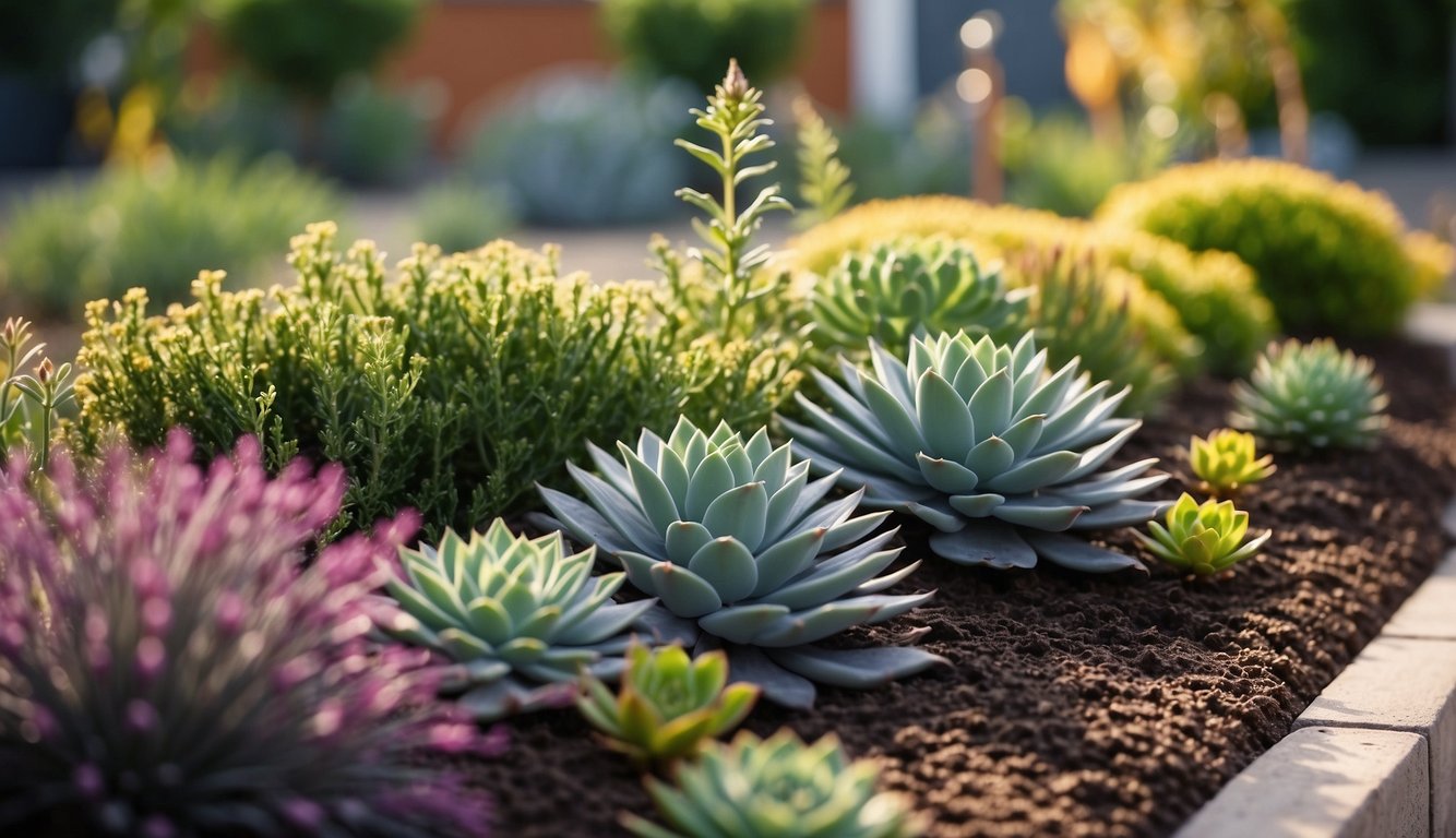 A garden with easy-care plants like succulents, lavender, and ornamental grasses. Mulch covers the soil, and a drip irrigation system waters the plants