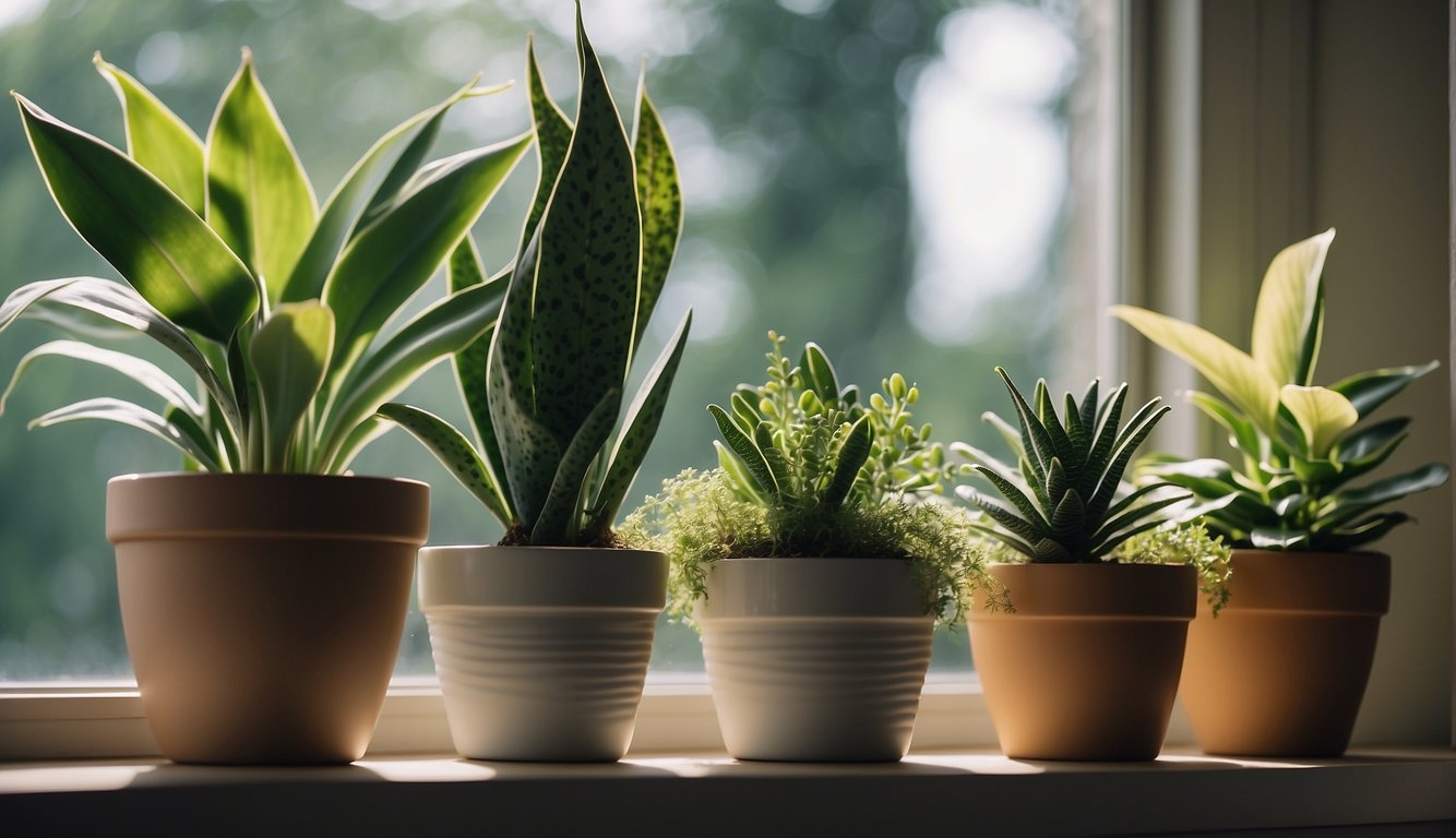 A variety of low maintenance plants arranged in pots on a sunny windowsill, including snake plants, succulents, and peace lilies