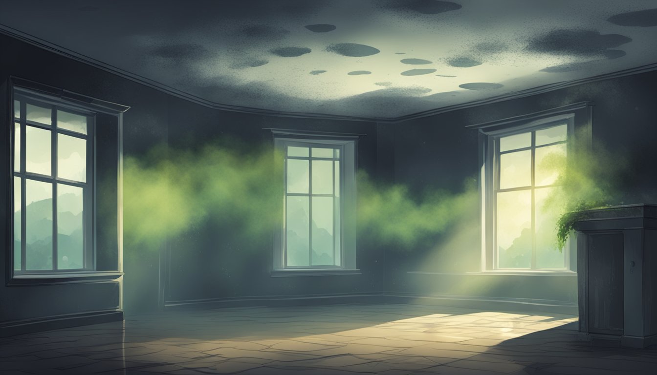 A dark, damp room with visible mold growth on walls and ceiling. Dust particles float in the air, creating a hazy atmosphere