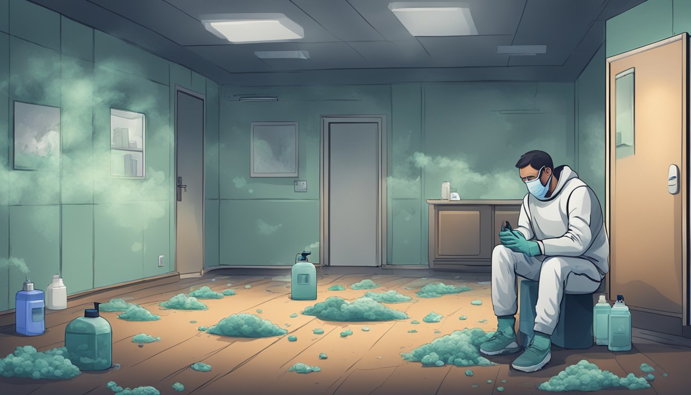 A dark, damp room with visible mold growth on walls and ceilings. Respiratory masks and inhalers scattered on the floor. A person coughing and wheezing in the background