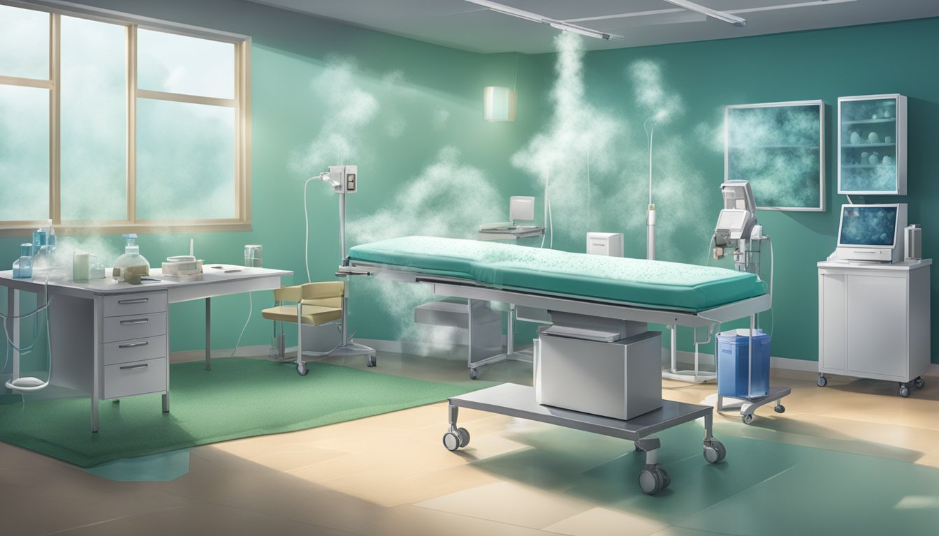 A room with mold spores floating in the air, causing respiratory distress. Medical equipment and treatment options displayed on a table