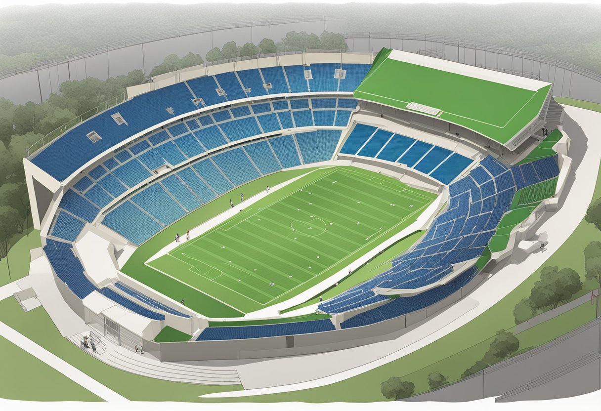 The construction of Kings Park Stadium is underway. The seating plan shows a layout of organized rows and sections