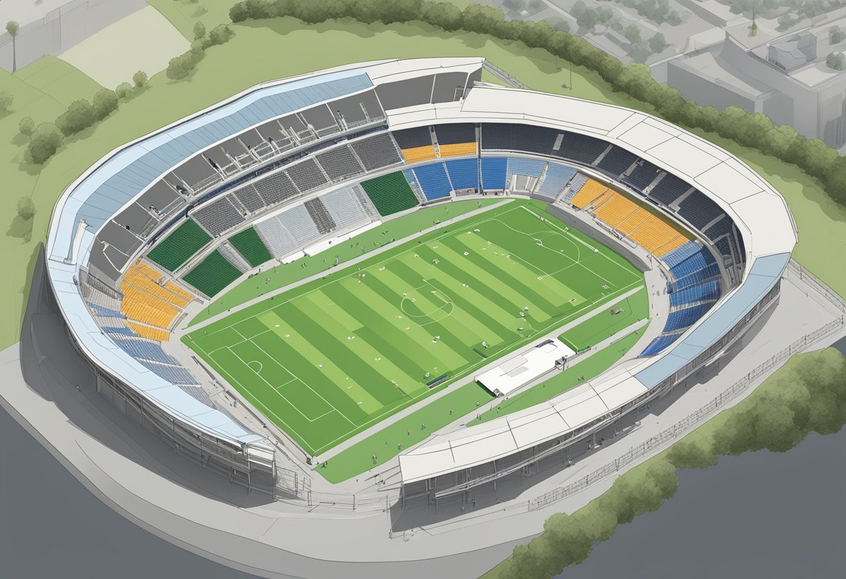 Construction workers build Kings Park Stadium. Seating plan shows sections and rows. Field and stands are visible