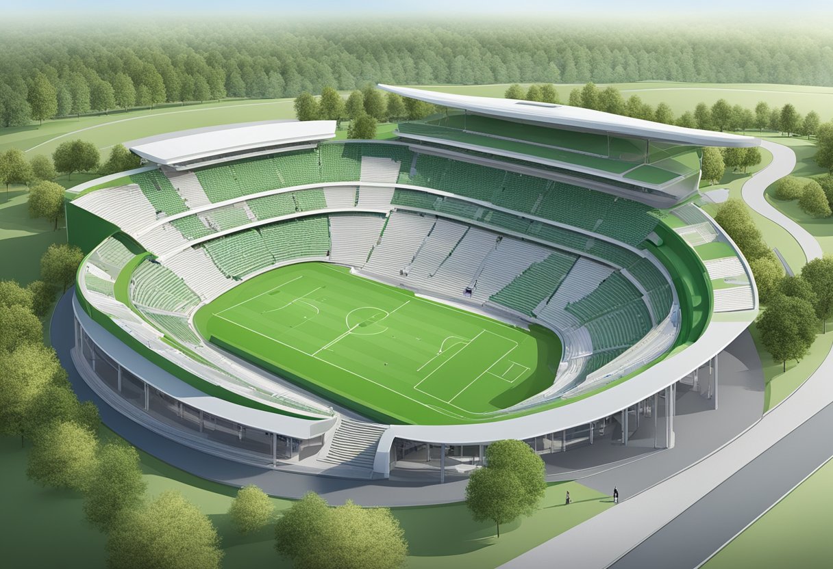 The stadium is nestled in a green park, with clear pathways leading to the entrance. The seating plan shows tiered levels, with accessible ramps and designated areas for wheelchair users