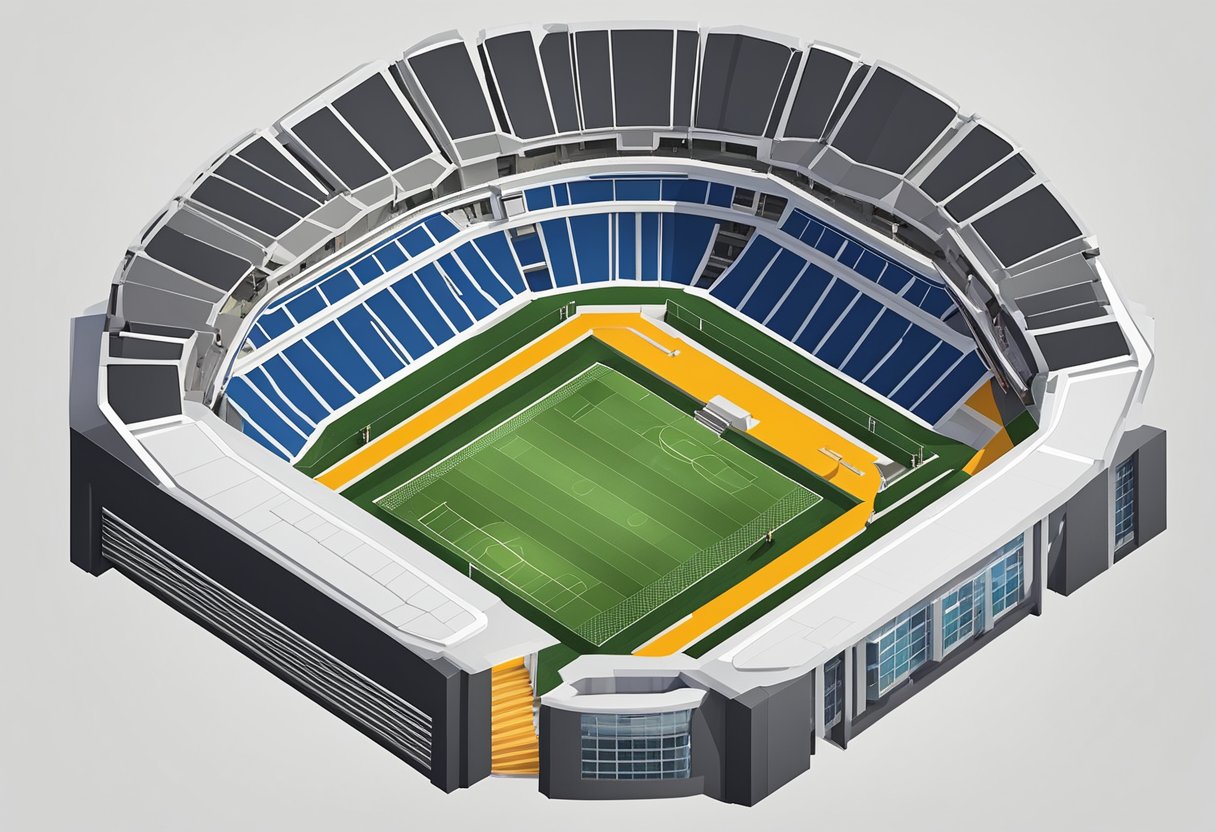 The stadium's sleek design features a modern exterior with multiple entrances. The seating plan includes tiered levels and VIP boxes, offering a panoramic view of the field