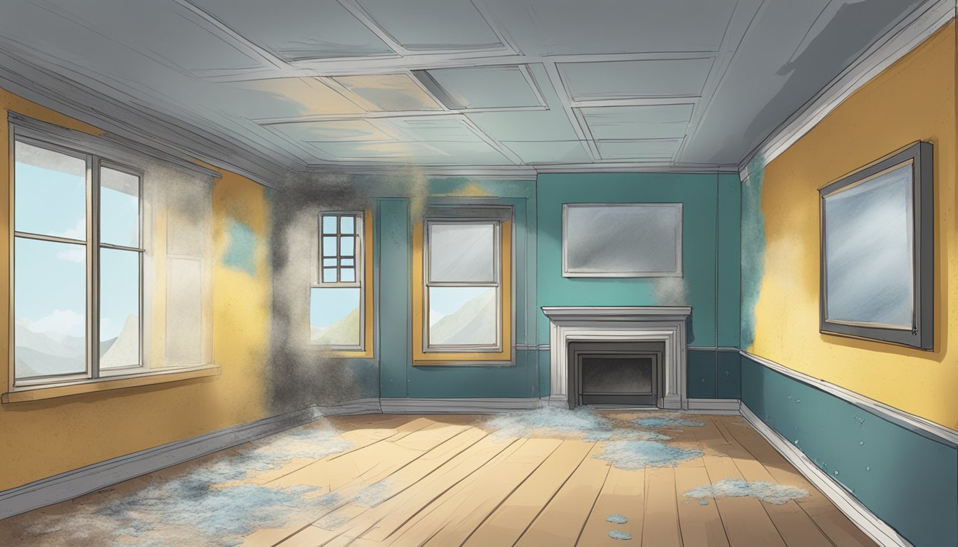 A room with visible mold growth on walls and ceiling. Windows are closed, causing poor ventilation. Dust and debris accumulate, exacerbating respiratory symptoms