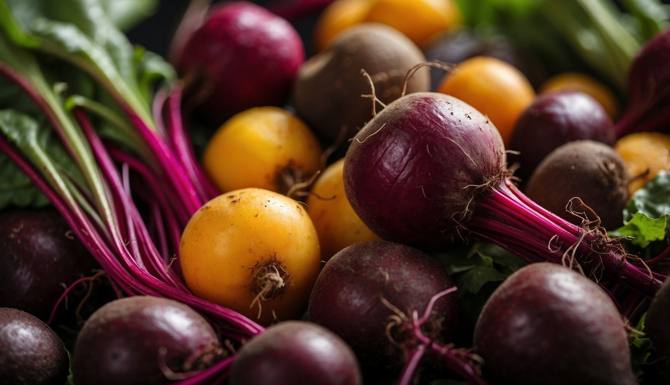 Beets, vibrant and earthy, arranged in a colorful pile. A nutrition label hovers above, showcasing the vegetable's health benefits