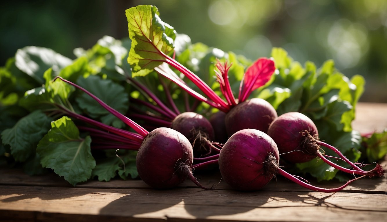 A vibrant bunch of beets sits on a rustic wooden table, surrounded by fresh green leaves. The sunlight streams in, highlighting the deep red color of the beets and emphasizing their health benefits