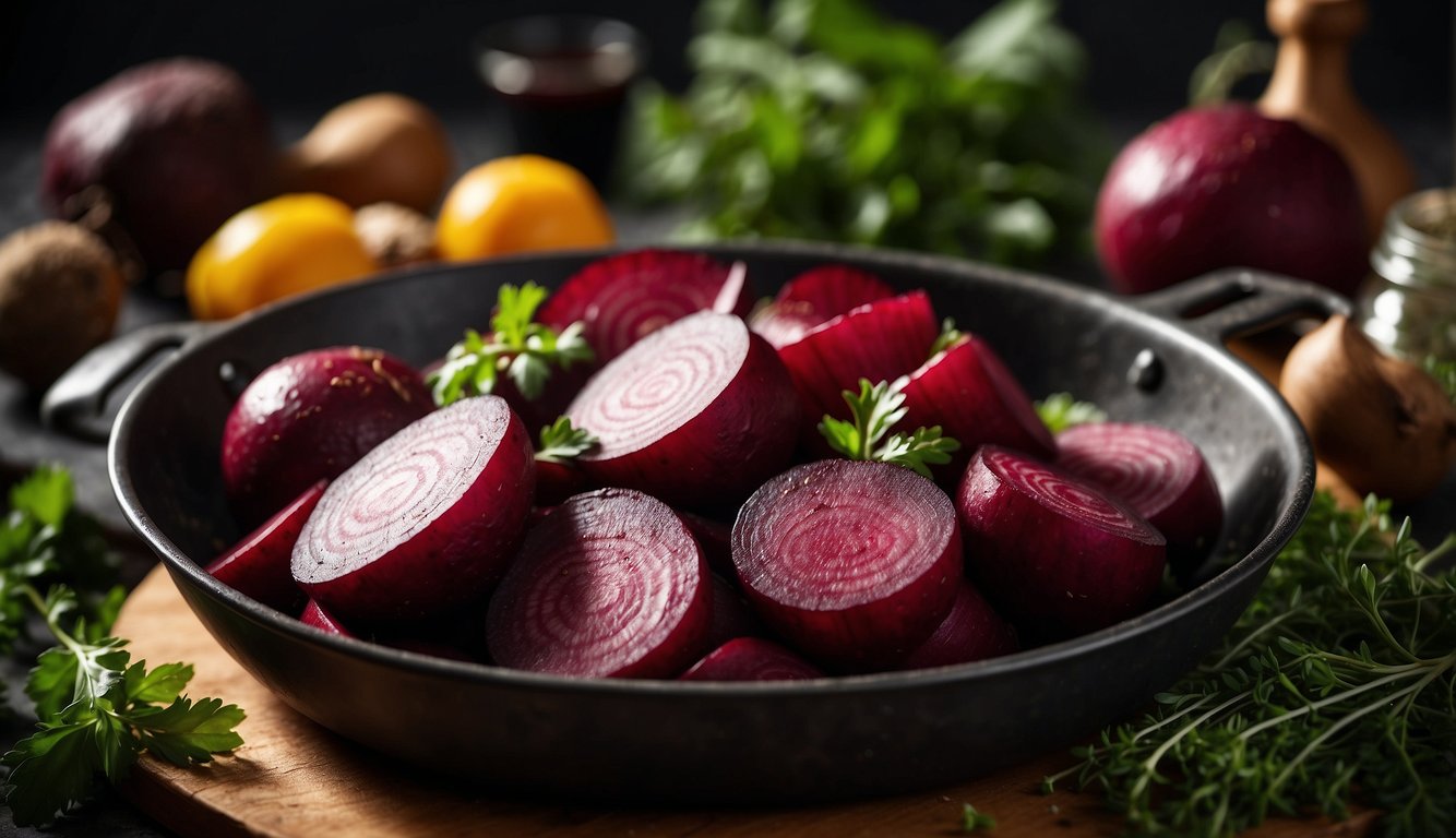 Beets being sliced and roasted in a pan, surrounded by various herbs and spices