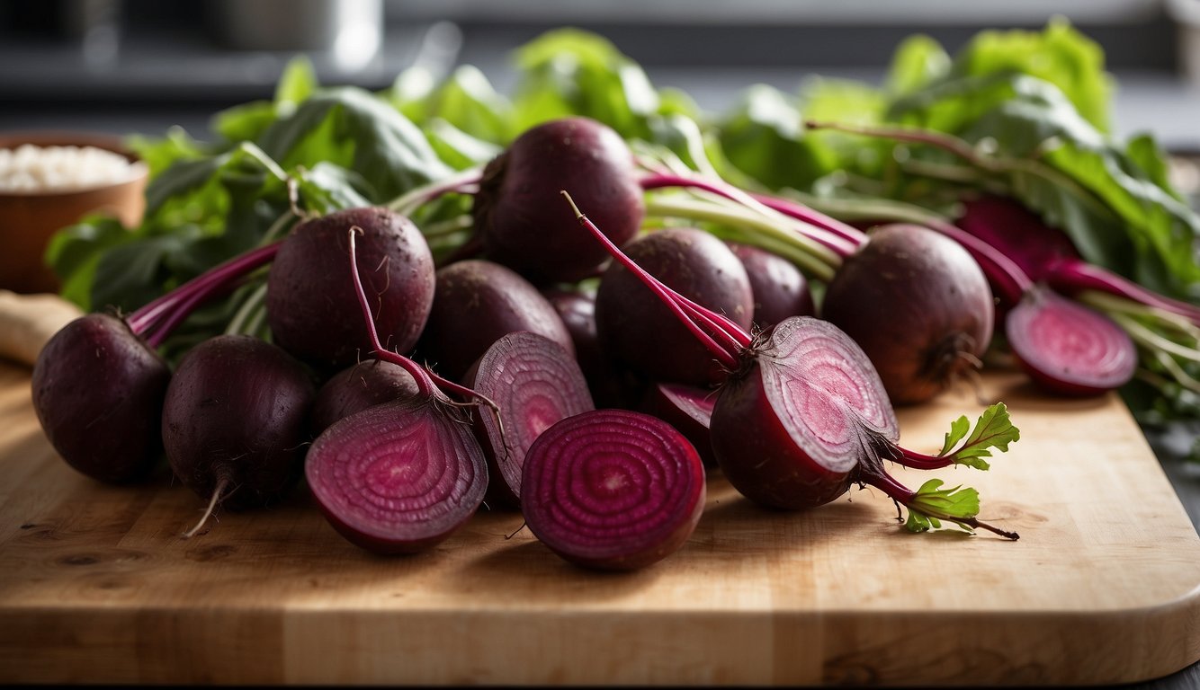 Beets, a vibrant purple root vegetable, sit on a cutting board with a knife and measuring cup nearby. A cookbook is open to a recipe for beet salad