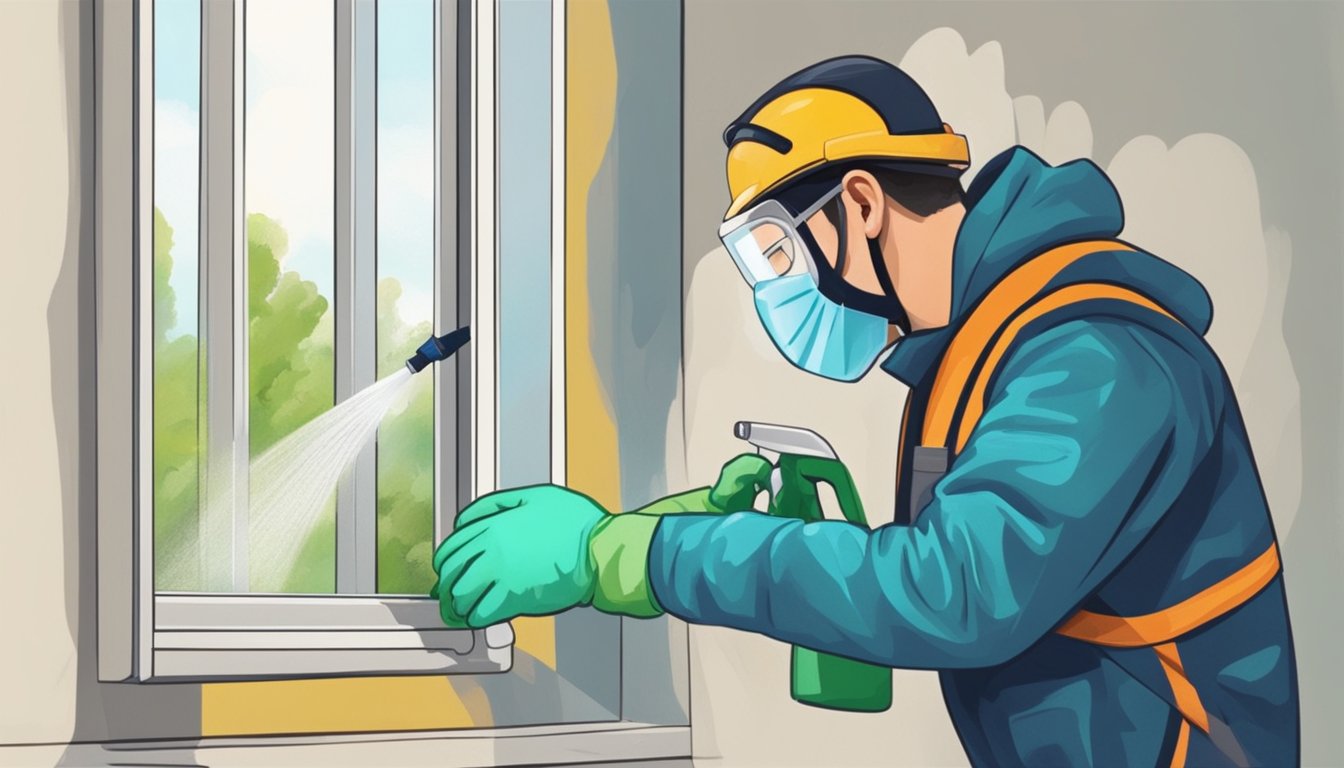 A person wearing a mask and gloves sprays a mold-removing solution on a damp wall. An open window lets fresh air in