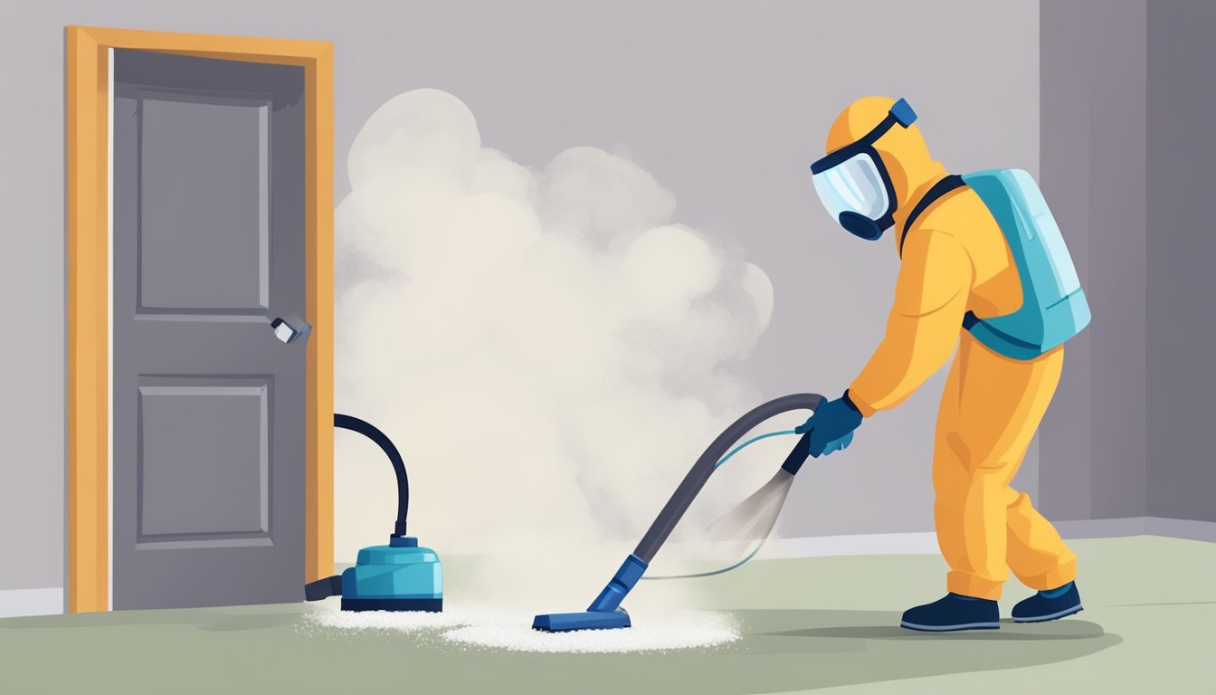 A person wearing protective gear sprays mold remover on a wall. Another person uses a vacuum with a HEPA filter to clean mold spores from a carpet