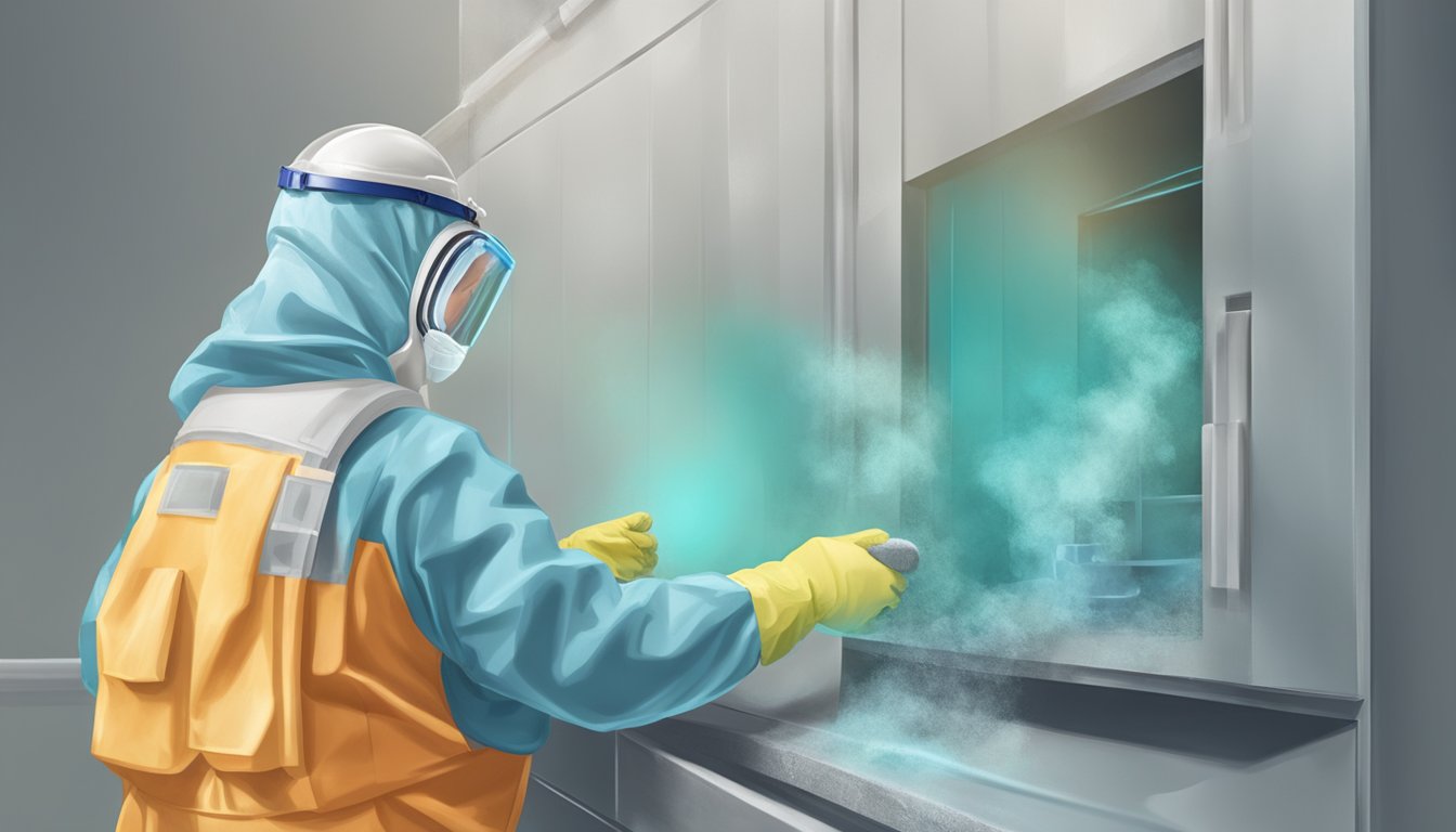 A professional wearing protective gear assesses mold. A removal process is shown, with emphasis on preventive measures for lung protection