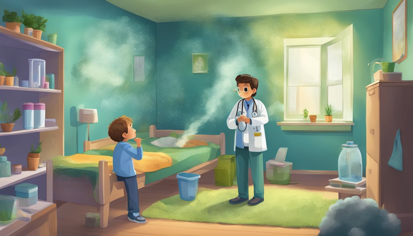 A moldy room with visible spores and damp walls, a child coughing and wheezing, a doctor discussing respiratory issues