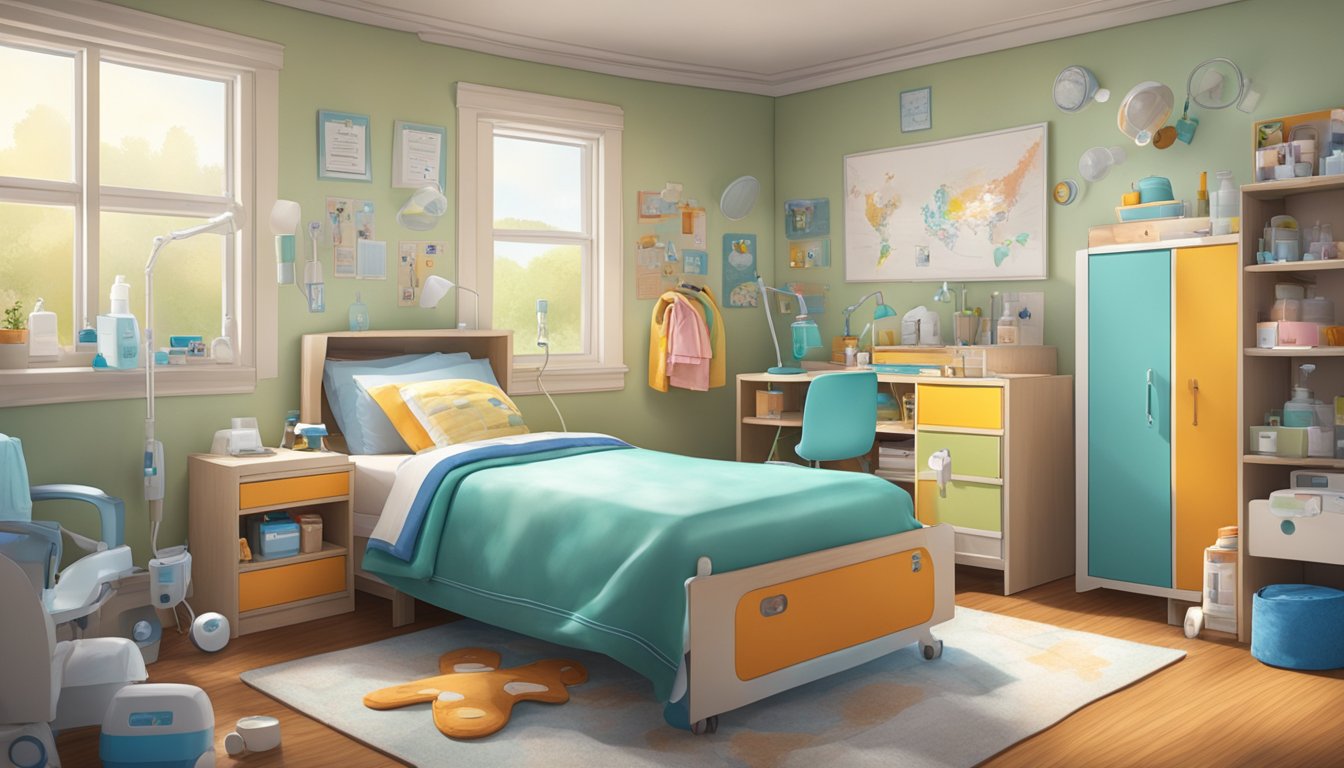 A child's bedroom with visible mold growth on walls and furniture, surrounded by medical equipment like inhalers and nebulizers