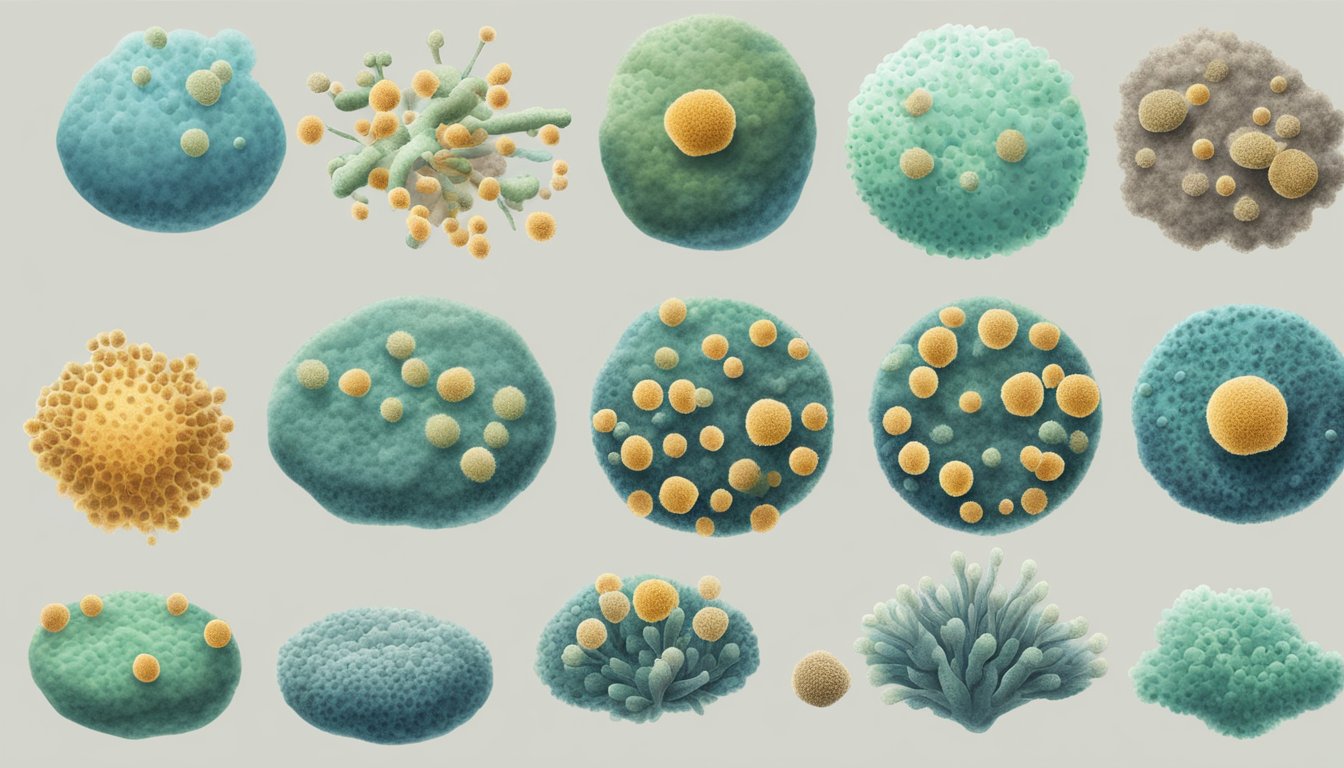 Various mold types float in the air, spores visible under a microscope. They cause inflammation in the airways