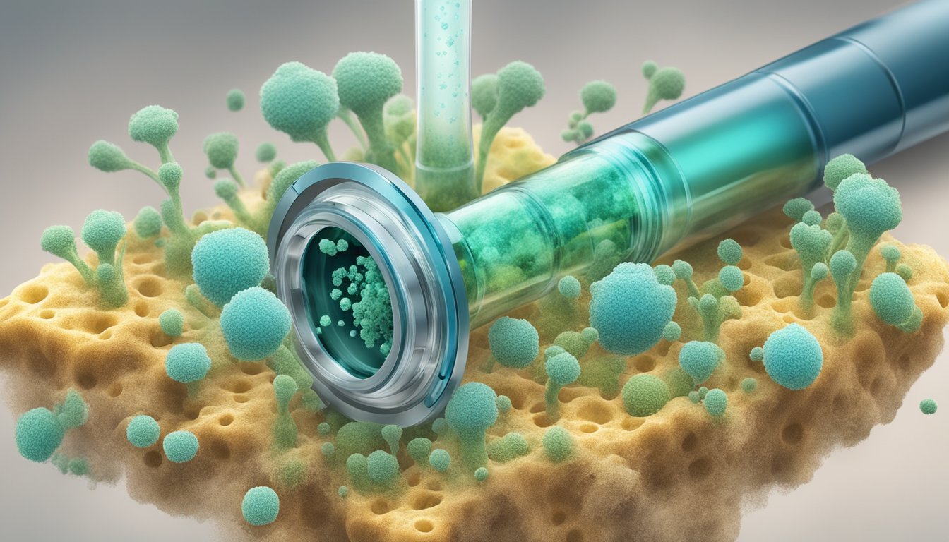 A microscope revealing mold spores in the air causing airway inflammation
