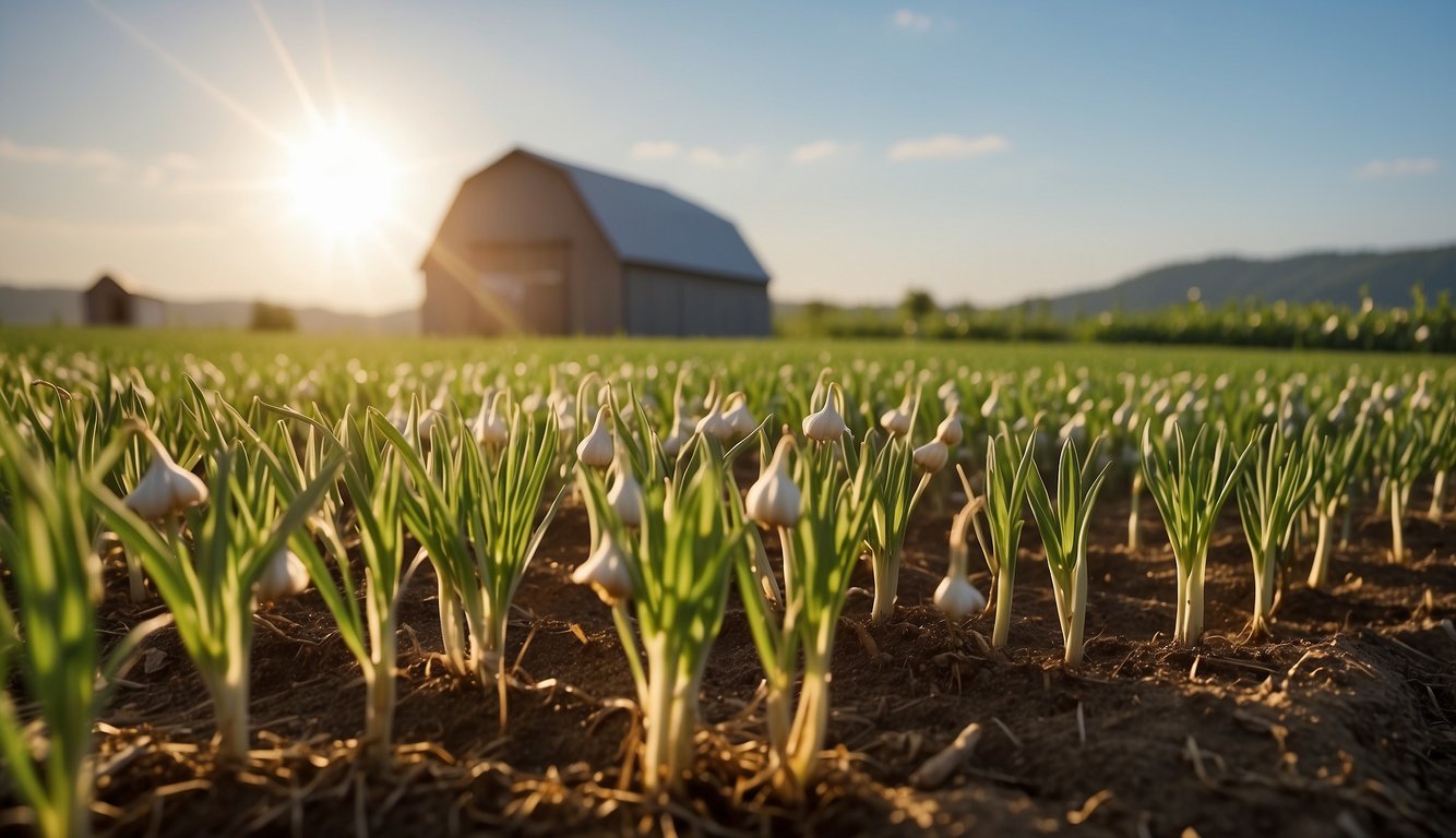 Garlic plants grow in rows in a sunlit field, with workers tending to the crop. A small shed in the distance holds garlic curing racks