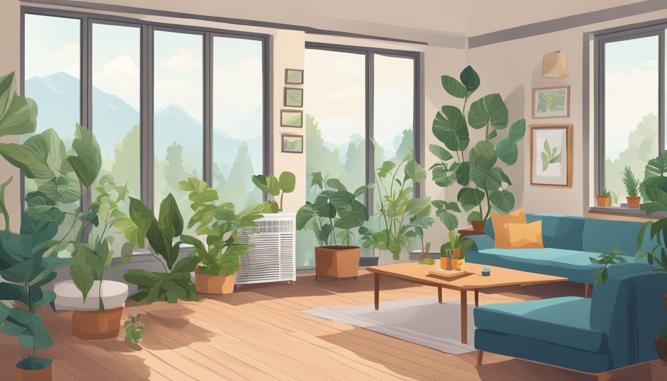 A cozy living room with plants and open windows. A dehumidifier hums in the corner, while natural remedies sit on a table