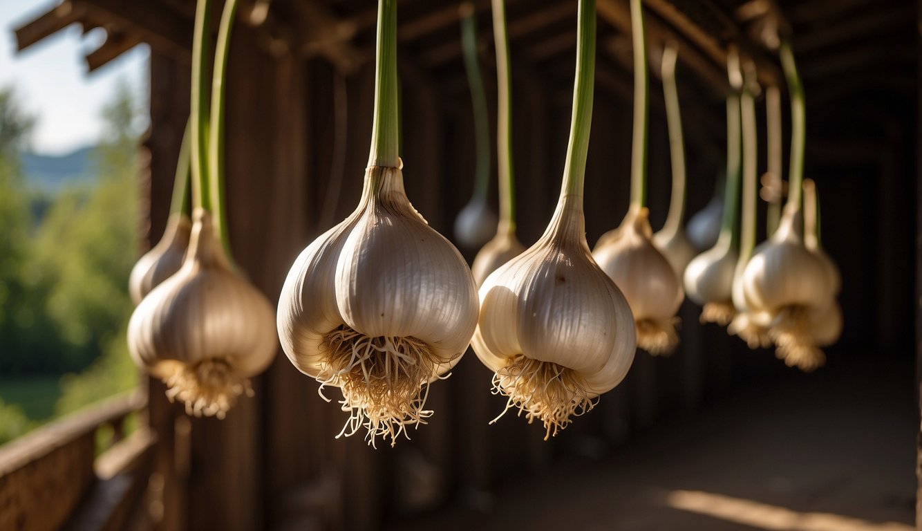 Garlic bulbs hang to dry in a rustic wooden shed, sunlight streaming through slatted windows. A gentle breeze carries the pungent aroma of freshly harvested garlic curing in the warm, dry air