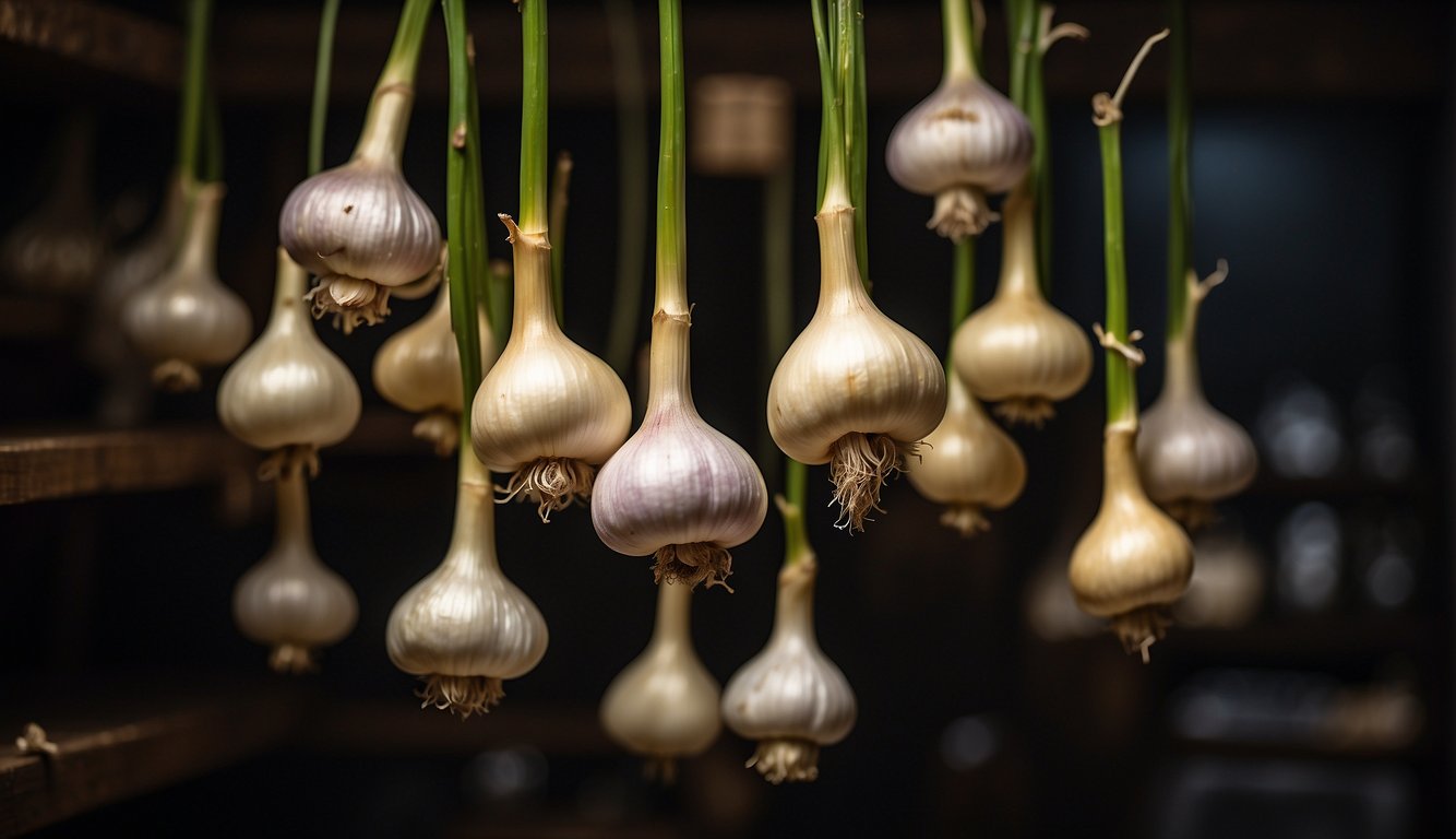 Garlic bulbs hang in a dark, dry room, curing and developing their flavor. A shelf holds neatly arranged bundles of cured garlic for long-term storage