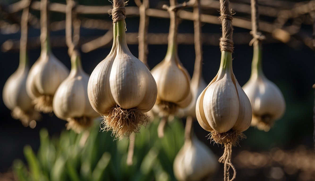 Garlic bulbs hang in a dry, well-ventilated area, tied in bunches or strung on twine for curing. A few bulbs are laid out on a mesh tray for air-drying