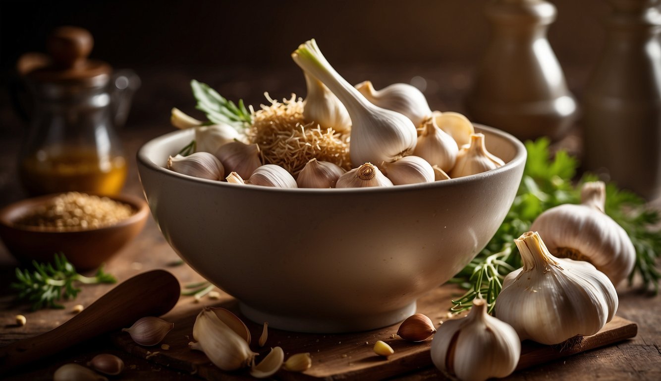 A bowl of garlic cloves with a mortar and pestle, surrounded by herbs and spices. Rays of light shining down, highlighting the natural beauty of the garlic
