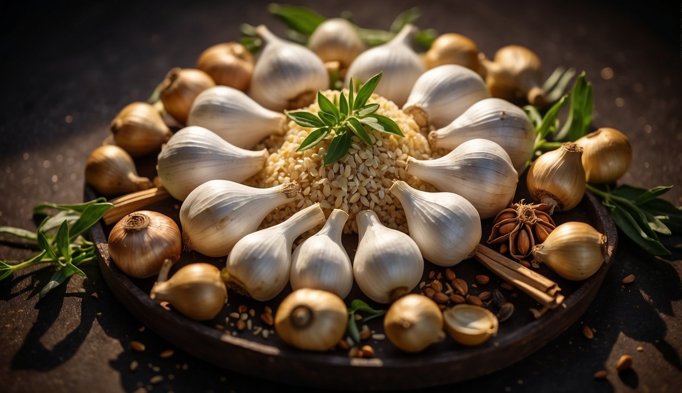 Garlic bulbs arranged in a circular pattern with rays of light shining down on them, surrounded by various herbs and spices
