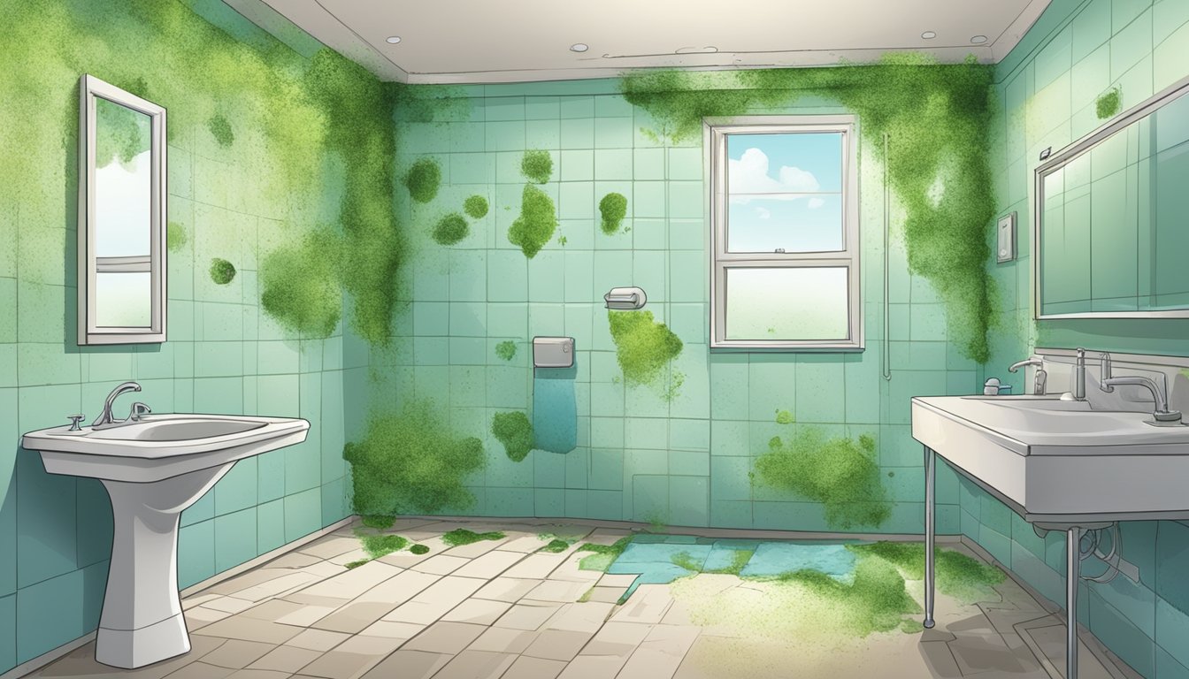 A bathroom with mold on walls and ceiling. A person using natural remedies to clean and remove mold