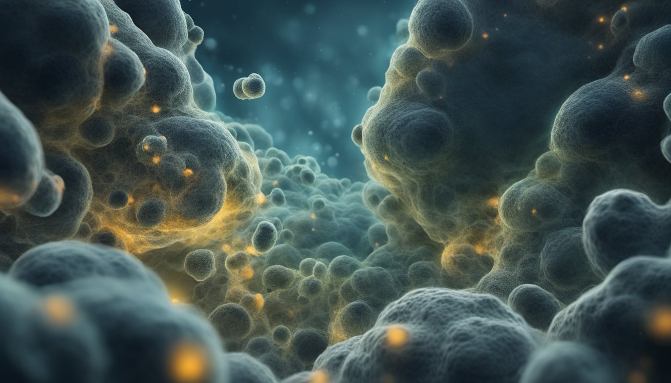 A dark, damp environment with mold spores floating in the air, entering the respiratory tract. The mold invades the lungs, causing inflammation and respiratory issues
