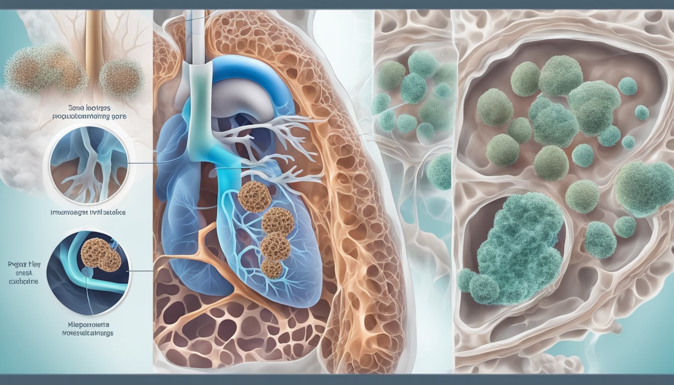 Mold spores enter respiratory tract, causing inflammation. Illustrate spores invading lungs, triggering coughing and wheezing. Show treatment combating mold's effects