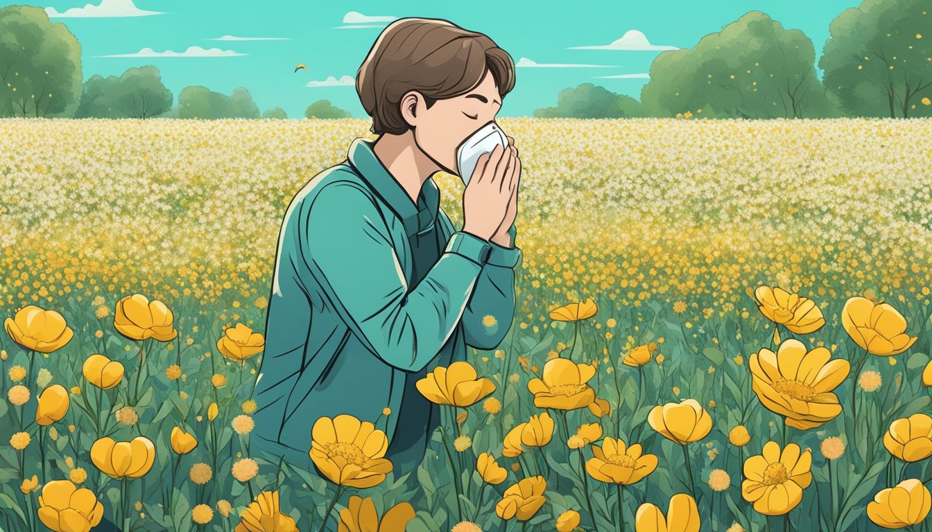 A field of blooming flowers with pollen floating in the air, a person sneezing and rubbing their itchy eyes