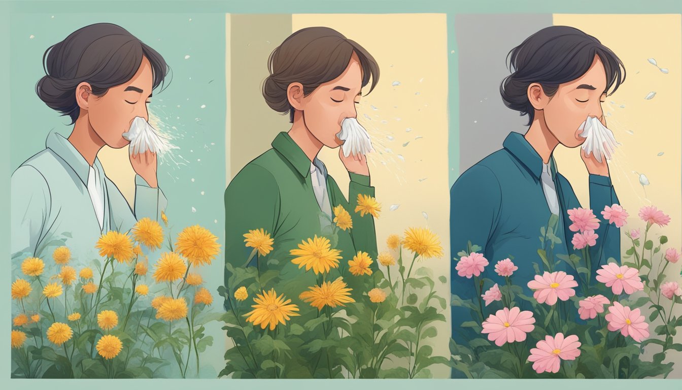 A person sneezing near moldy wall vs. sneezing near blooming flowers