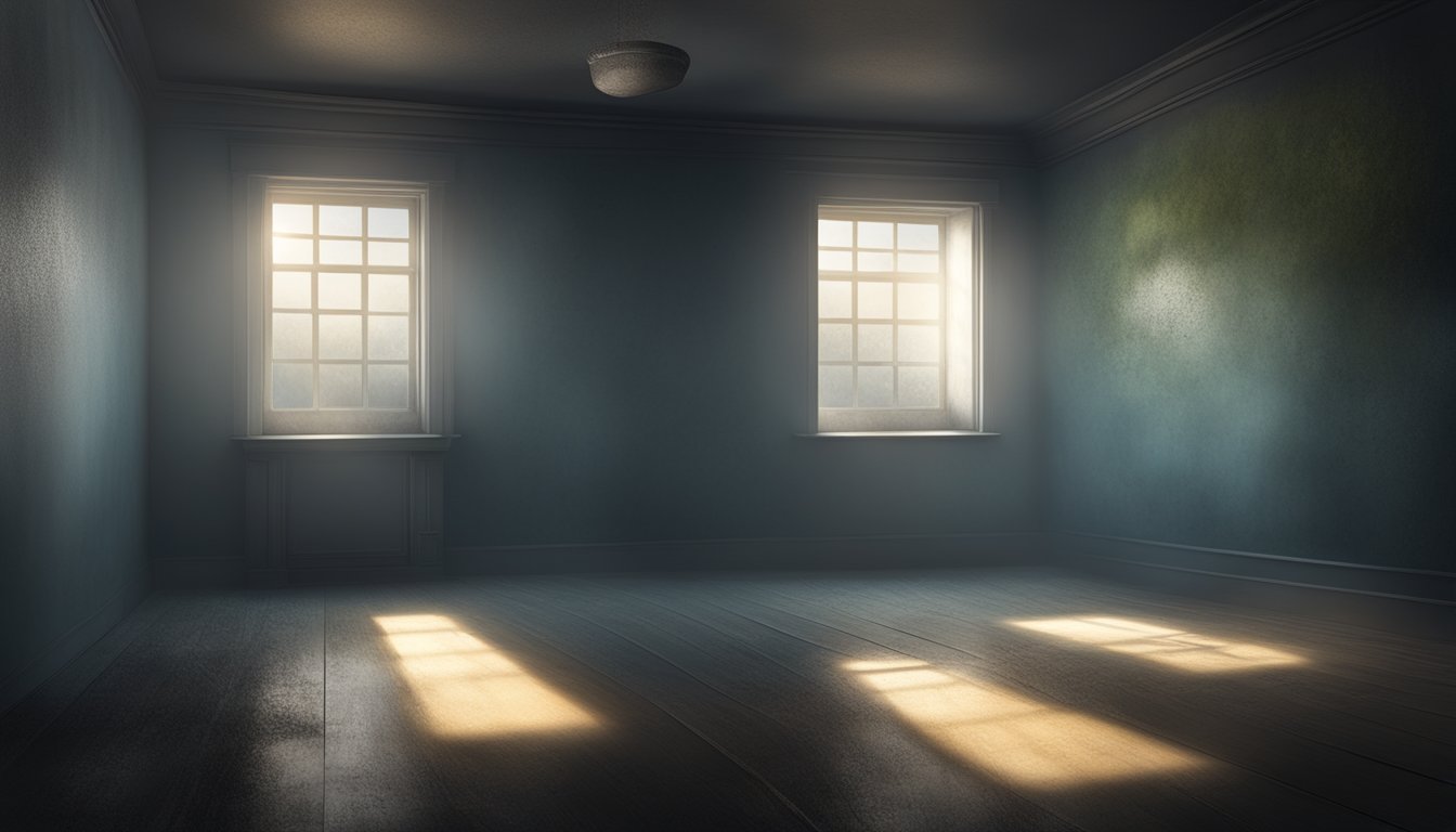 A dark, damp room with visible mold growth on walls and ceiling. Sunlight struggles to penetrate the musty air. A lone window covered in condensation