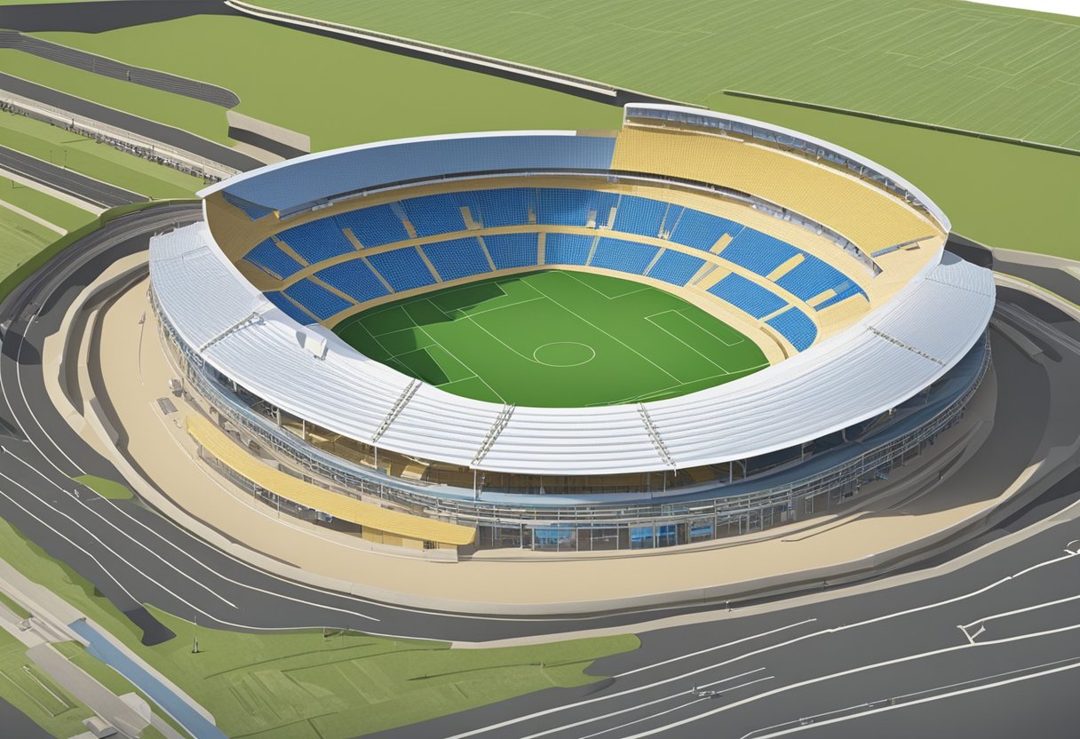 The construction of Peter Mokaba Stadium is depicted, along with a detailed seating plan