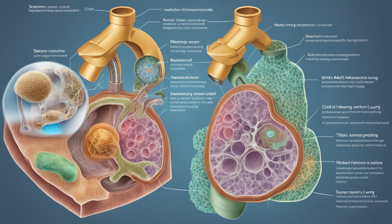 A microscope reveals mold spores infiltrating lung tissue, causing inflammation and scarring. Respiratory system diagrams surround the scene, highlighting the long-term effects of mold exposure on lung health