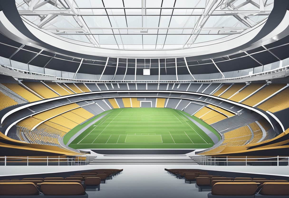 The stadium's construction details are visible, including the seating plan. Rows of seats and structural elements create a dynamic and spacious interior