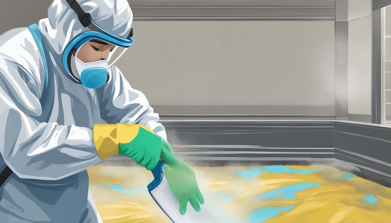A technician wearing protective gear applies mold removal solution to a contaminated area, using a scrub brush to clean and minimize respiratory risks