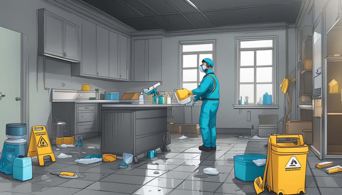 A damp, dark room with visible mold growth on walls and ceiling. Protective gear and cleaning supplies are scattered around