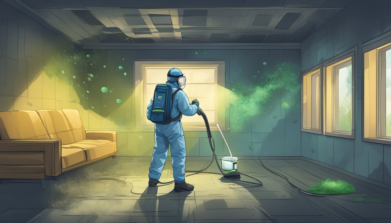 A damp, dark room with visible mold growth on walls and ceilings. A person wearing protective gear uses cleaning solutions and tools to remove mold, minimizing respiratory risks