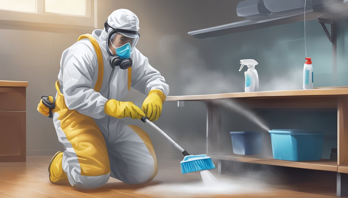 A technician wearing protective gear sprays and wipes down a mold-infested surface, using specialized cleaning solutions to minimize respiratory risks