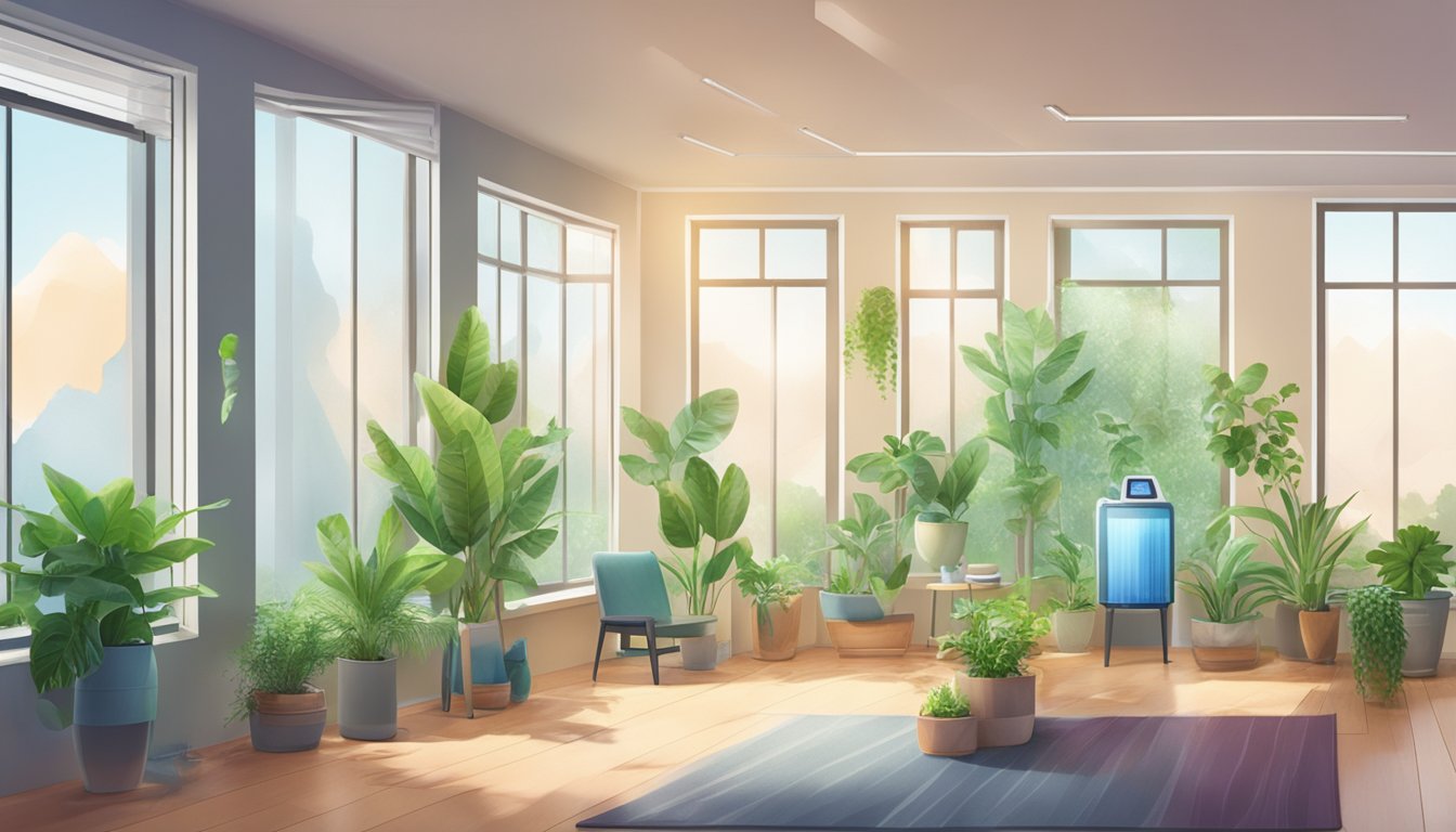 A room with open windows and air purifiers, plants, and dehumidifiers to reduce moisture and mold spores in the air