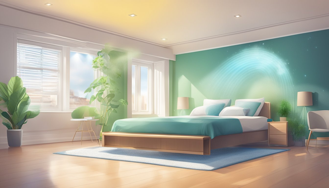 A room with an air purification system removing mold spores from the air, with clean, fresh air circulating and improving the indoor environment