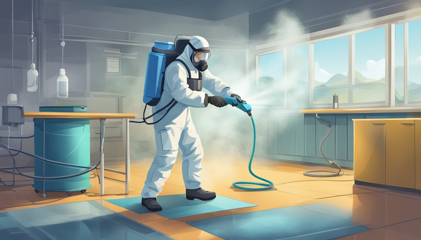 A technician in protective gear sprays antimicrobial solution on mold-infested surfaces, while a ventilation system works to improve indoor air quality