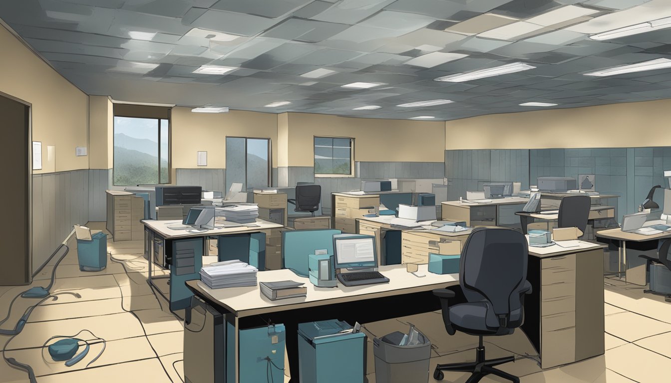 A dimly lit office with water-stained walls and ceiling tiles. Mold growth is visible in corners and around air vents. Dust masks and respirators are scattered on desks and shelves