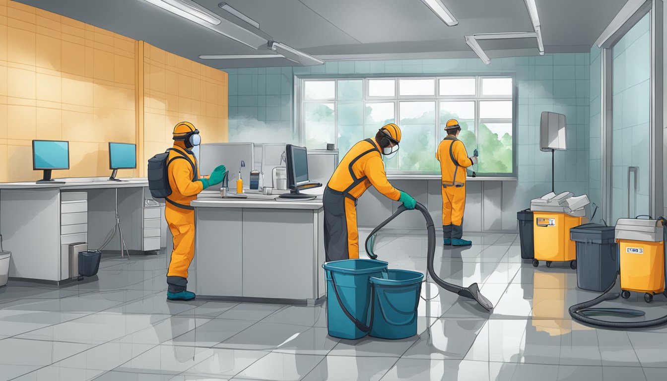 A workplace with visible mold growth on walls and ceilings. Workers wearing protective gear while cleaning and using mold control products