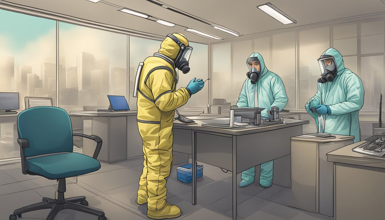 A person in a hazmat suit tests air quality in an office with visible mold growth, while another person administers respiratory treatment